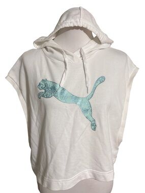 Puma White Cropped Sleeveless Hoodie Teal Logo